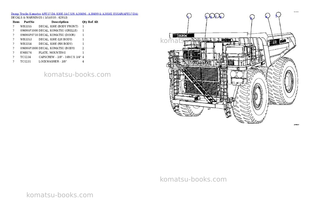 Komatsu afe57-da 830e-1ac s/n a30496 - a30499 & a30502 essar Parts catalog cover Page 5