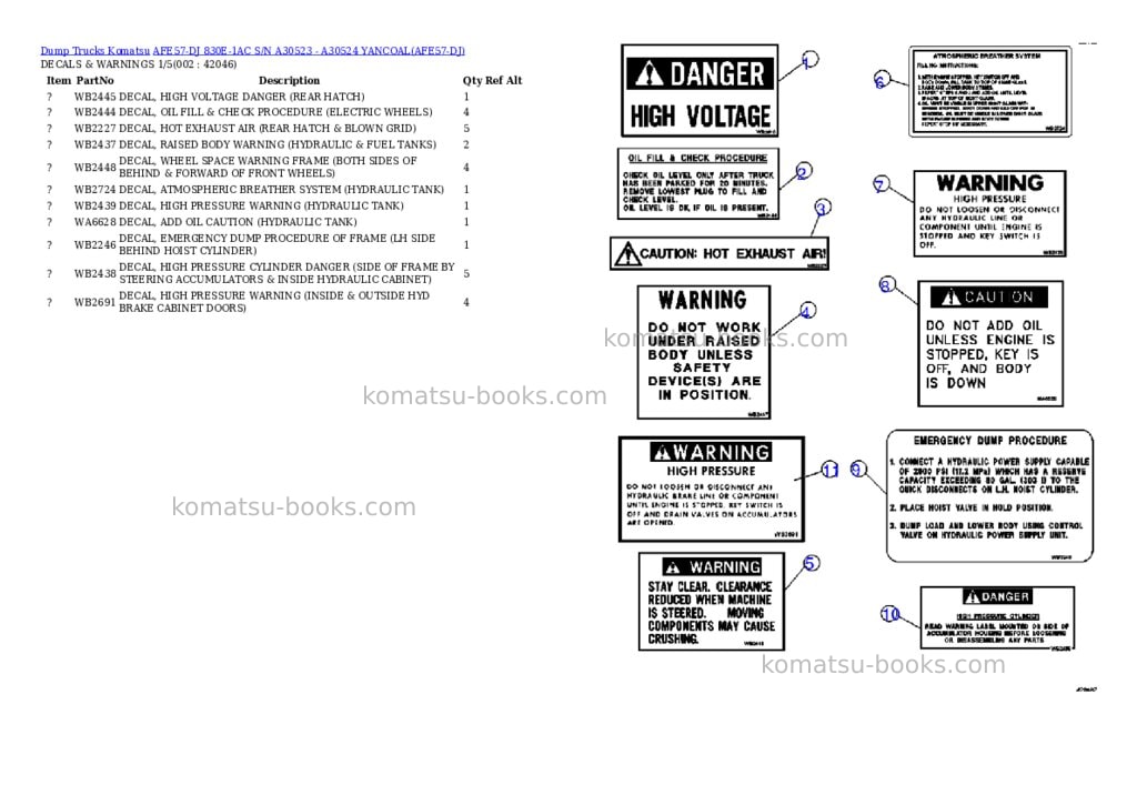 Komatsu afe57-dj 830e-1ac s/n a30523 - a30524 yancoal Parts catalog cover