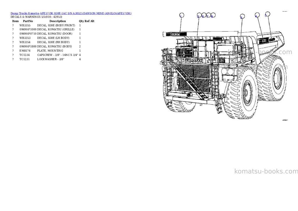 Komatsu afe57-dk 830e-1ac s/n a30525 dawson mine anglo Parts catalog cover Page 5