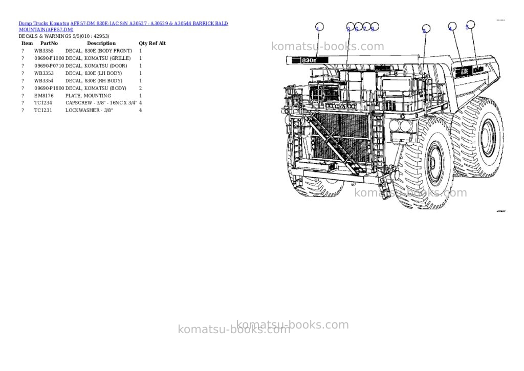 Komatsu afe57-dm 830e-1ac s/n a30527 - a30529 & a30544 barrick bald mountain Parts catalog cover Page 5 Komatsu afe57-dm 830e-1ac s/n a30527 - a30529 & a30544 barrick bald mountain Parts catalog cover Page 5