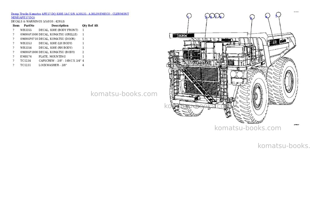 Komatsu afe57-dq 830e-1ac s/n a30535 - a30539 emeco - clermont mine Parts catalog cover Page 5 Komatsu afe57-dq 830e-1ac s/n a30535 - a30539 emeco - clermont mine Parts catalog cover Page 5