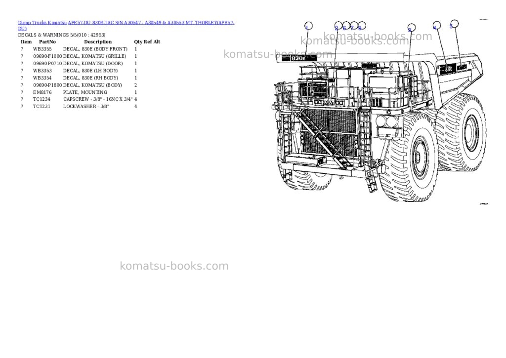 Komatsu afe57-du 830e-1ac s/n a30547 - a30549 & a30553 mt. thorley Parts catalog cover Page 5 Komatsu afe57-du 830e-1ac s/n a30547 - a30549 & a30553 mt. thorley Parts catalog cover Page 5