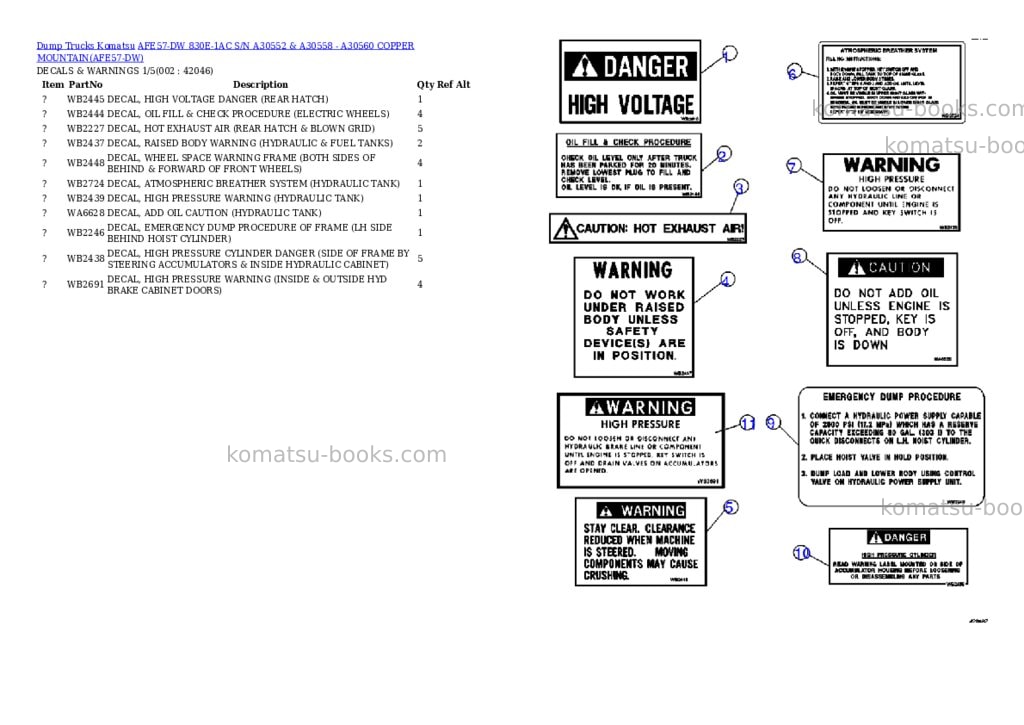 Komatsu afe57-dw 830e-1ac s/n a30552 & a30558 - a30560 copper mountain Parts catalog cover