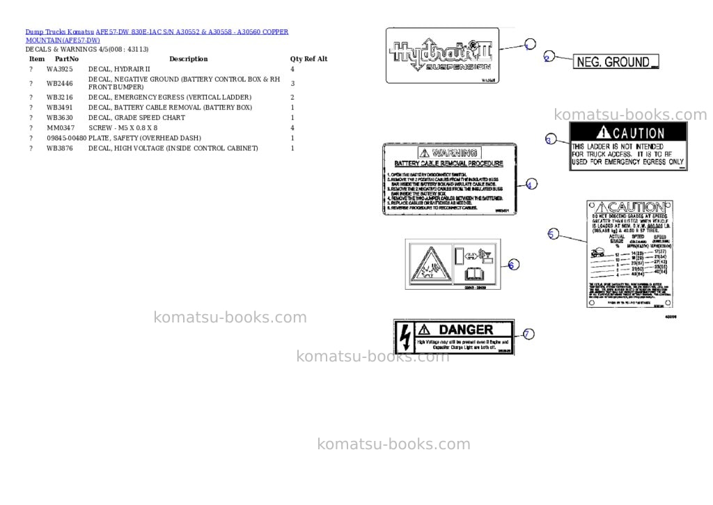 Komatsu afe57-dw 830e-1ac s/n a30552 & a30558 - a30560 copper mountain Parts catalog cover Page 4