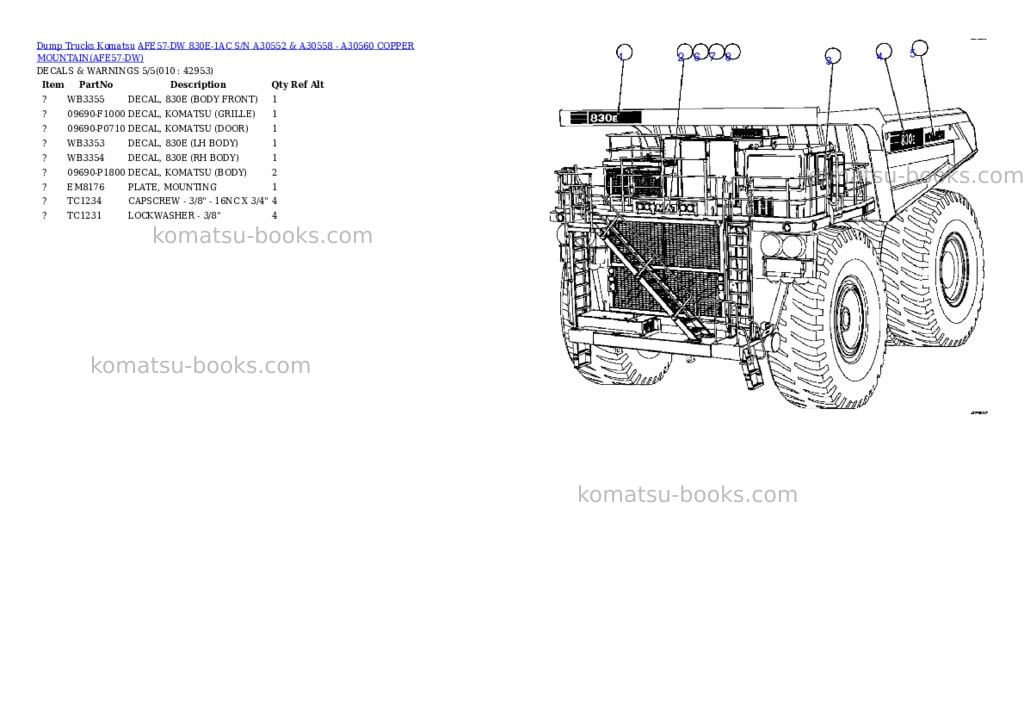 Komatsu afe57-dw 830e-1ac s/n a30552 & a30558 - a30560 copper mountain Parts catalog cover Page 5