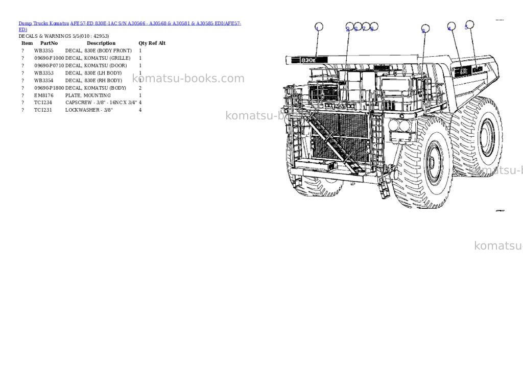 Komatsu afe57-ed 830e-1ac s/n a30566 - a30568 & a30581 & a30585 edi Parts catalog cover Page 5