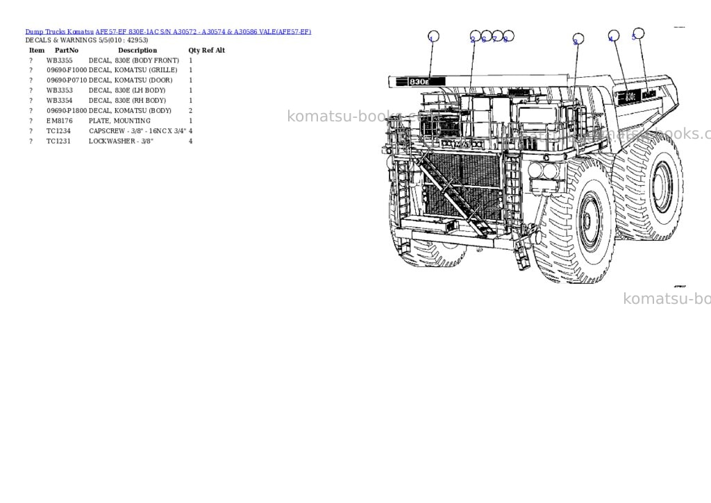 Komatsu afe57-ef 830e-1ac s/n a30572 - a30574 & a30586 vale Parts catalog cover Page 5