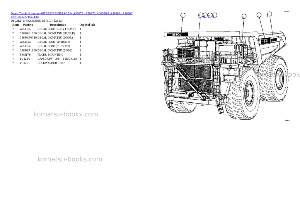 Komatsu afe57-eg 830e-1ac s/n a30575 - a30577, a30588 & a30600 - a30603 bengala Parts catalog cover Page 5 Komatsu afe57-eg 830e-1ac s/n a30575 - a30577, a30588 & a30600 - a30603 bengala Parts catalog cover Page 5