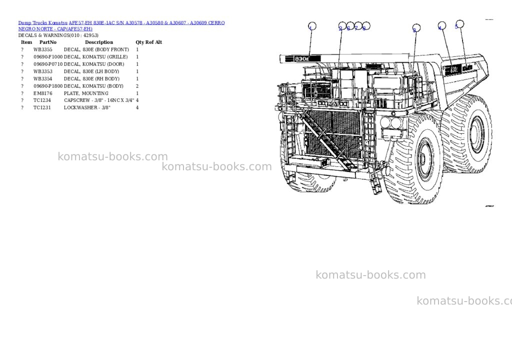Komatsu afe57-eh 830e-1ac s/n a30578 - a30580 & a30607 - a30609 cerro negro norte - cap Parts catalog cover Page 5 Komatsu afe57-eh 830e-1ac s/n a30578 - a30580 & a30607 - a30609 cerro negro norte - cap Parts catalog cover Page 5