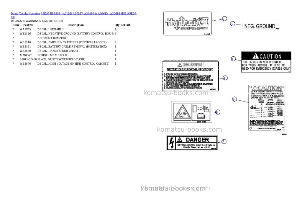 Komatsu afe57-ej 830e-1ac s/n a30587, a30593 & a30615 - a30616 hse Parts catalog cover Page 4