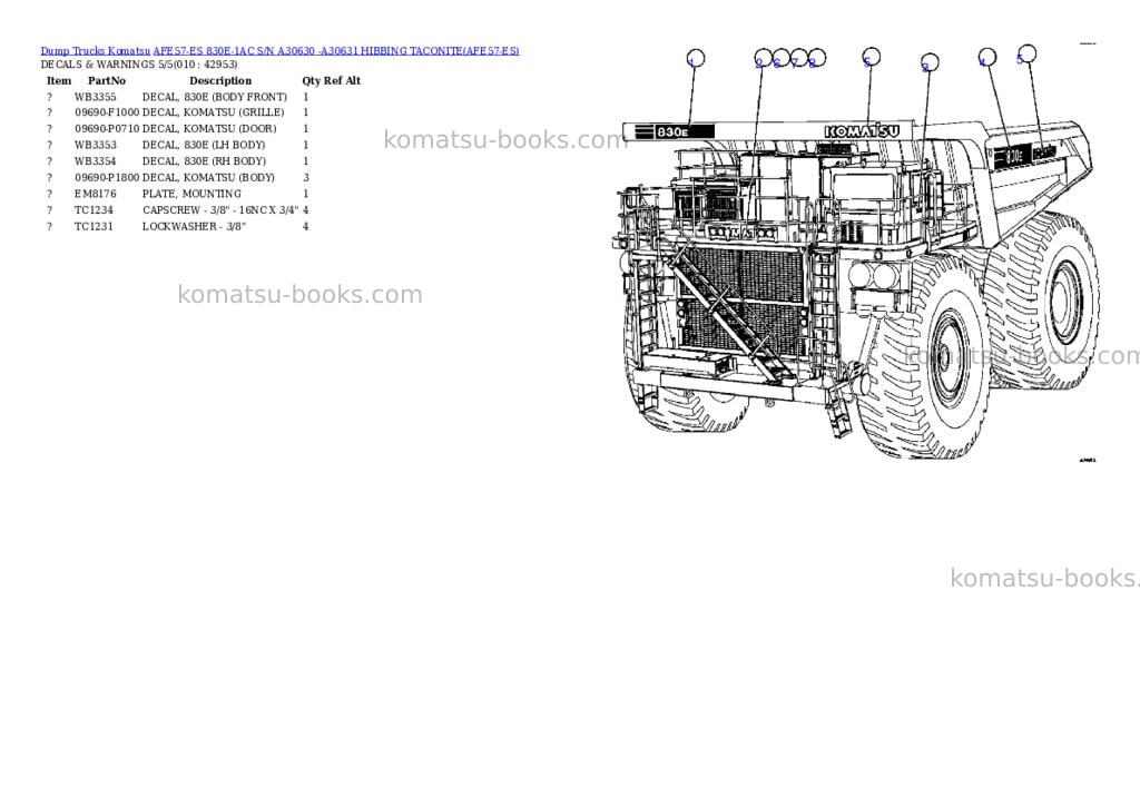 Komatsu afe57-es 830e-1ac s/n a30630 -a30631 hibbing taconite Parts catalog cover Page 5 Komatsu afe57-es 830e-1ac s/n a30630 -a30631 hibbing taconite Parts catalog cover Page 5