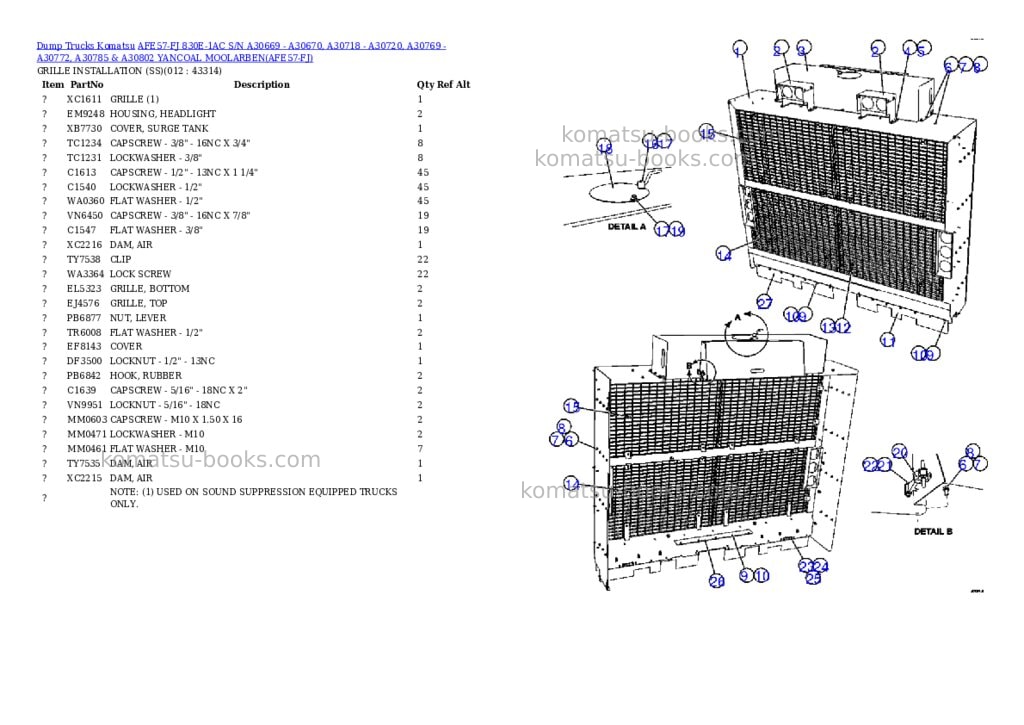 Komatsu afe57-fj 830e-1ac s/n a30669 - a30670, a30718 - a30720, a30769 - a30772, a30785 & a30802 yancoal moolarben Parts catalog cover Page 6