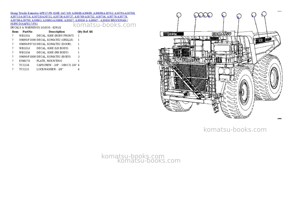 Komatsu afe57-fn 830e-1ac s/n a30688-a30689, a30698-a30703, a30705-a30708, a30713-a30714, a30728-a30731, a30736-a30737, a30749-a30752, a30756, a30776-a30778, a30788-a30790, a30803, a30805-a30806, a30817, a30834 & a30847 - a30850 brockman / hope downs / paraburdoo Parts catalog cover Page 5 Komatsu afe57-fn 830e-1ac s/n a30688-a30689, a30698-a30703, a30705-a30708, a30713-a30714, a30728-a30731, a30736-a30737, a30749-a30752, a30756, a30776-a30778, a30788-a30790, a30803, a30805-a30806, a30817, a30834 & a30847 - a30850 brockman / hope downs / paraburdoo Parts catalog cover Page 5