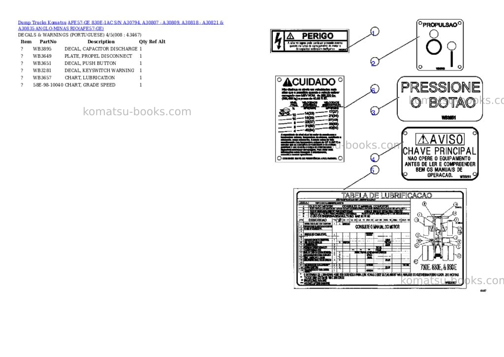 Komatsu afe57-ge 830e-1ac s/n a30794, a30807 - a30809, a30818 - a30821 & a30835 anglo-minas rio Parts catalog cover Page 4 Komatsu afe57-ge 830e-1ac s/n a30794, a30807 - a30809, a30818 - a30821 & a30835 anglo-minas rio Parts catalog cover Page 4