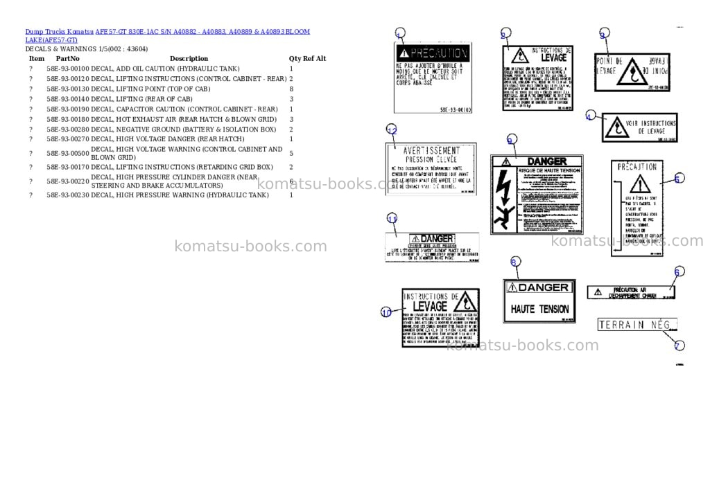 Komatsu afe57-gt 830e-1ac s/n a40882 - a40883, a40889 & a40893 bloom lake Parts catalog cover Komatsu afe57-gt 830e-1ac s/n a40882 - a40883, a40889 & a40893 bloom lake Parts catalog cover