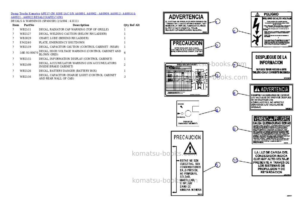 Komatsu afe57-gw 830e-1ac s/n a40891, a40902 - a40909, a40913 - a40914 & a40921 - a40922 besalco Parts catalog cover Page 2 Komatsu afe57-gw 830e-1ac s/n a40891, a40902 - a40909, a40913 - a40914 & a40921 - a40922 besalco Parts catalog cover Page 2