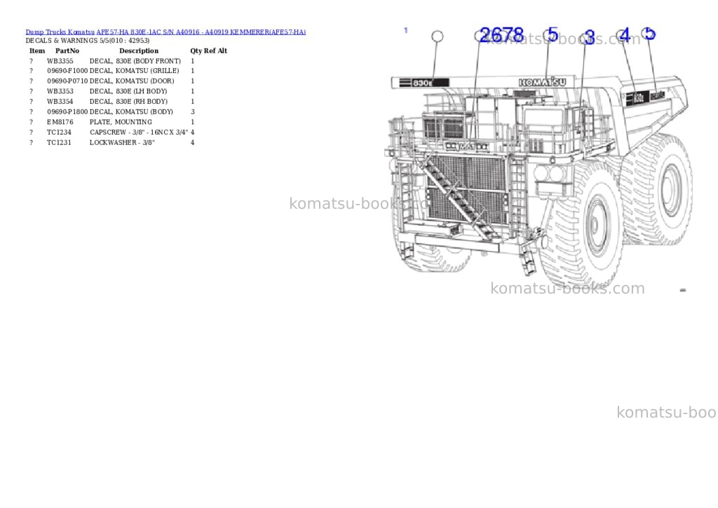 Komatsu afe57-ha 830e-1ac s/n a40916 - a40919 kemmerer Parts catalog cover Page 5