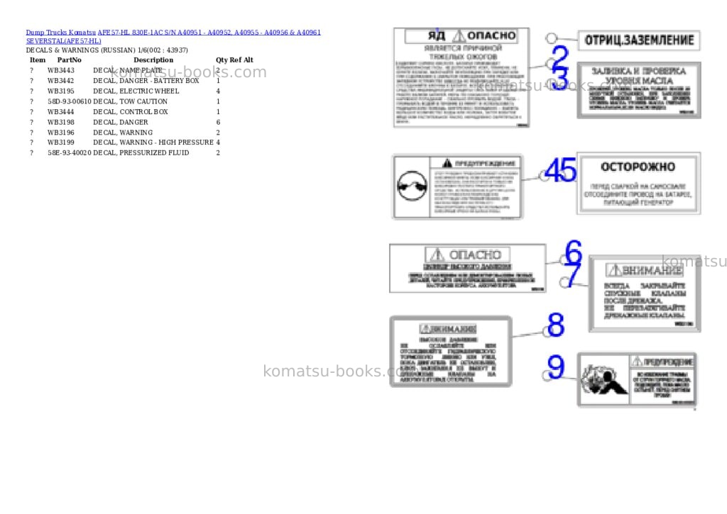 Komatsu afe57-hl 830e-1ac s/n a40951 - a40952, a40955 - a40956 & a40961 severstal Parts catalog cover Komatsu afe57-hl 830e-1ac s/n a40951 - a40952, a40955 - a40956 & a40961 severstal Parts catalog cover