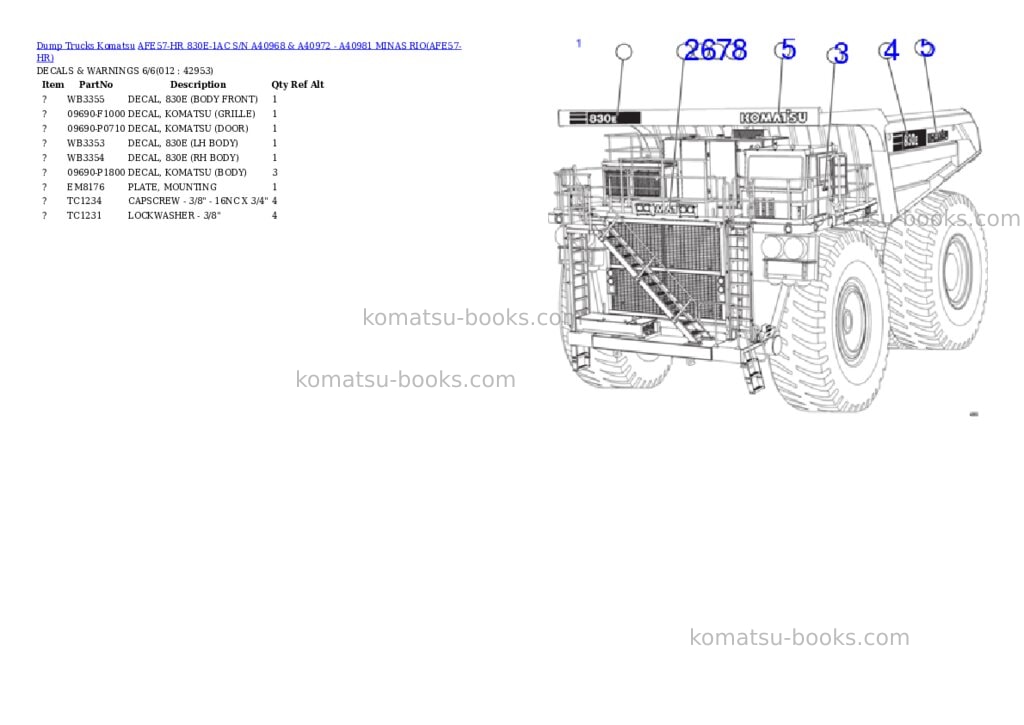 Komatsu afe57-hr 830e-1ac s/n a40968 & a40972 - a40981 minas rio Parts catalog cover Page 6 Komatsu afe57-hr 830e-1ac s/n a40968 & a40972 - a40981 minas rio Parts catalog cover Page 6