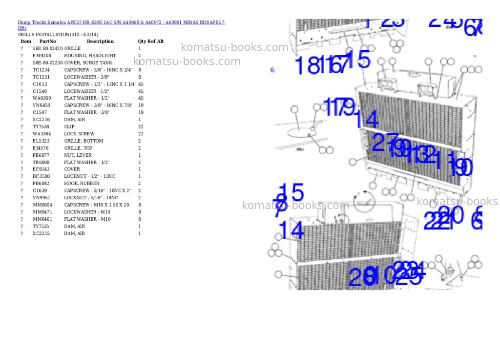 Komatsu afe57-hr 830e-1ac s/n a40968 & a40972 - a40981 minas rio Parts catalog cover Page 7 Komatsu afe57-hr 830e-1ac s/n a40968 & a40972 - a40981 minas rio Parts catalog cover Page 7