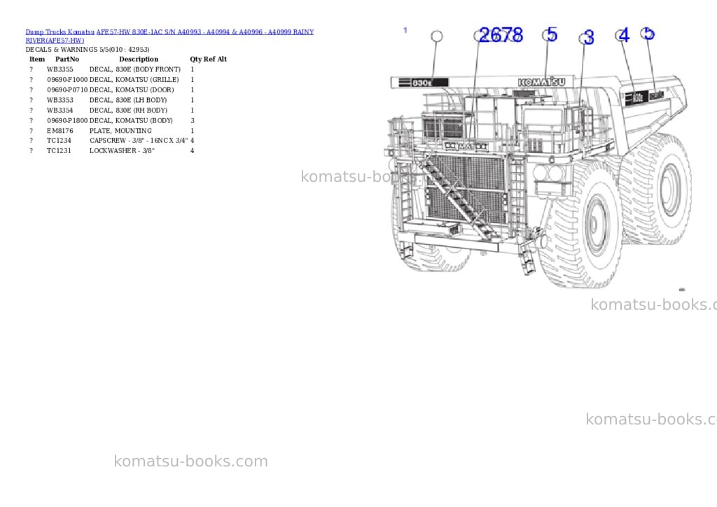 Komatsu afe57-hw 830e-1ac s/n a40993 - a40994 & a40996 - a40999 rainy river Parts catalog cover Page 5 Komatsu afe57-hw 830e-1ac s/n a40993 - a40994 & a40996 - a40999 rainy river Parts catalog cover Page 5