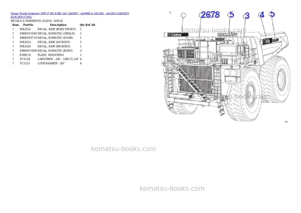 Komatsu afe57-hx 830e-1ac a40997 - a40998 & a41002 - a41003 gahcho kue Parts catalog cover Page 5 Komatsu afe57-hx 830e-1ac a40997 - a40998 & a41002 - a41003 gahcho kue Parts catalog cover Page 5