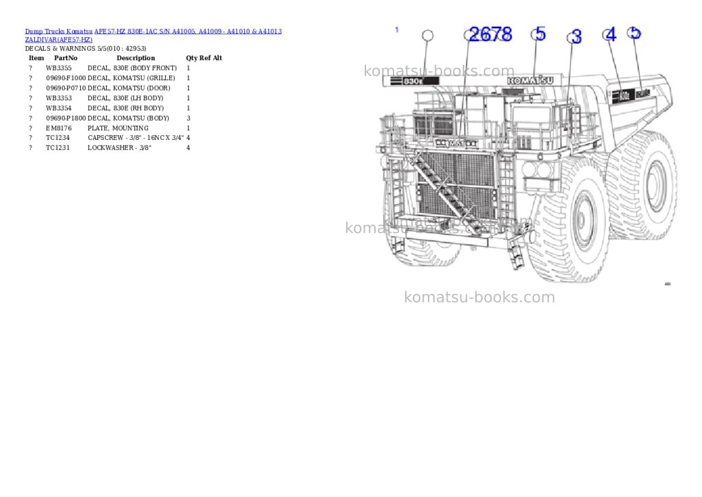 Komatsu afe57-hz 830e-1ac s/n a41005, a41009 - a41010 & a41013 zaldivar Parts catalog cover Page 5 Komatsu afe57-hz 830e-1ac s/n a41005, a41009 - a41010 & a41013 zaldivar Parts catalog cover Page 5