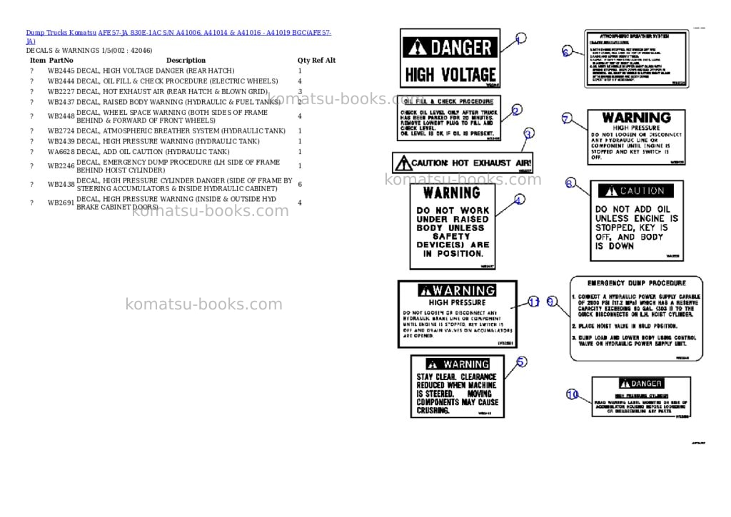 Komatsu afe57-ja 830e-1ac s/n a41006, a41014 & a41016 - a41019 bgc Parts catalog cover
