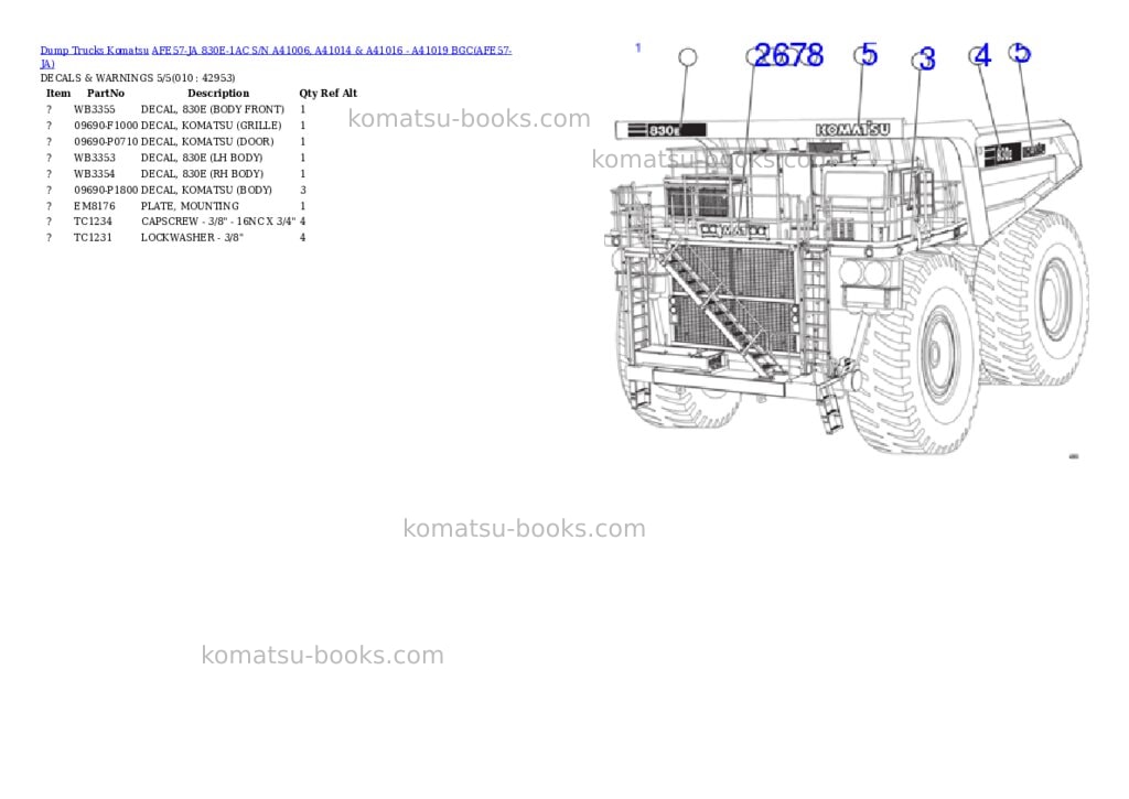 Komatsu afe57-ja 830e-1ac s/n a41006, a41014 & a41016 - a41019 bgc Parts catalog cover Page 5