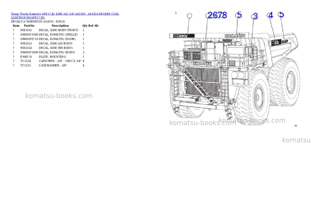 Komatsu afe57-jd 830e-1ac s/n a41020 - a41024 decker coal lighthouse Parts catalog cover Page 5