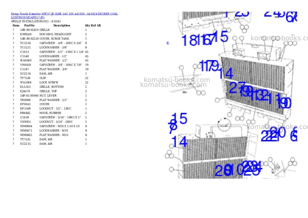 Komatsu afe57-jd 830e-1ac s/n a41020 - a41024 decker coal lighthouse Parts catalog cover Page 6