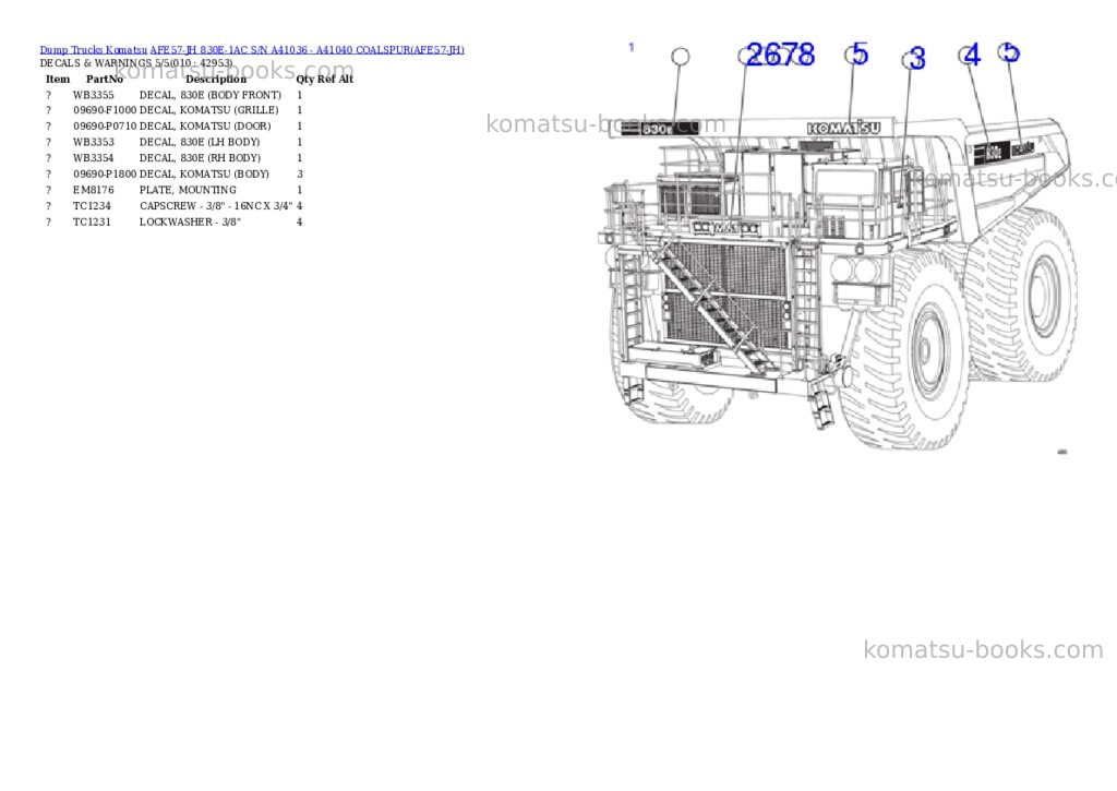 Komatsu afe57-jh 830e-1ac s/n a41036 - a41040 coalspur Parts catalog cover Page 5