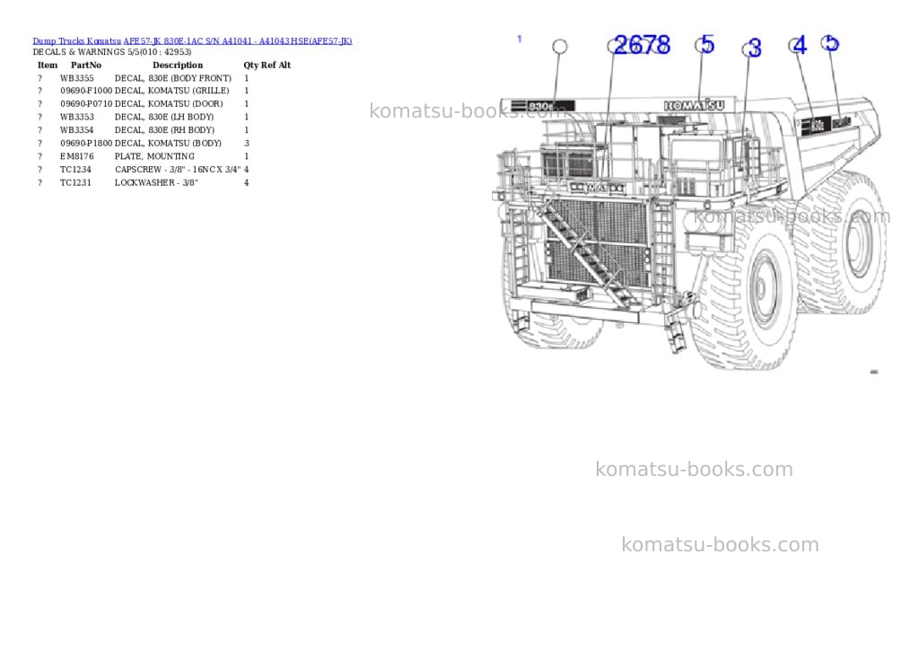 Komatsu afe57-jk 830e-1ac s/n a41041 - a41043 hse Parts catalog cover Page 5 Komatsu afe57-jk 830e-1ac s/n a41041 - a41043 hse Parts catalog cover Page 5