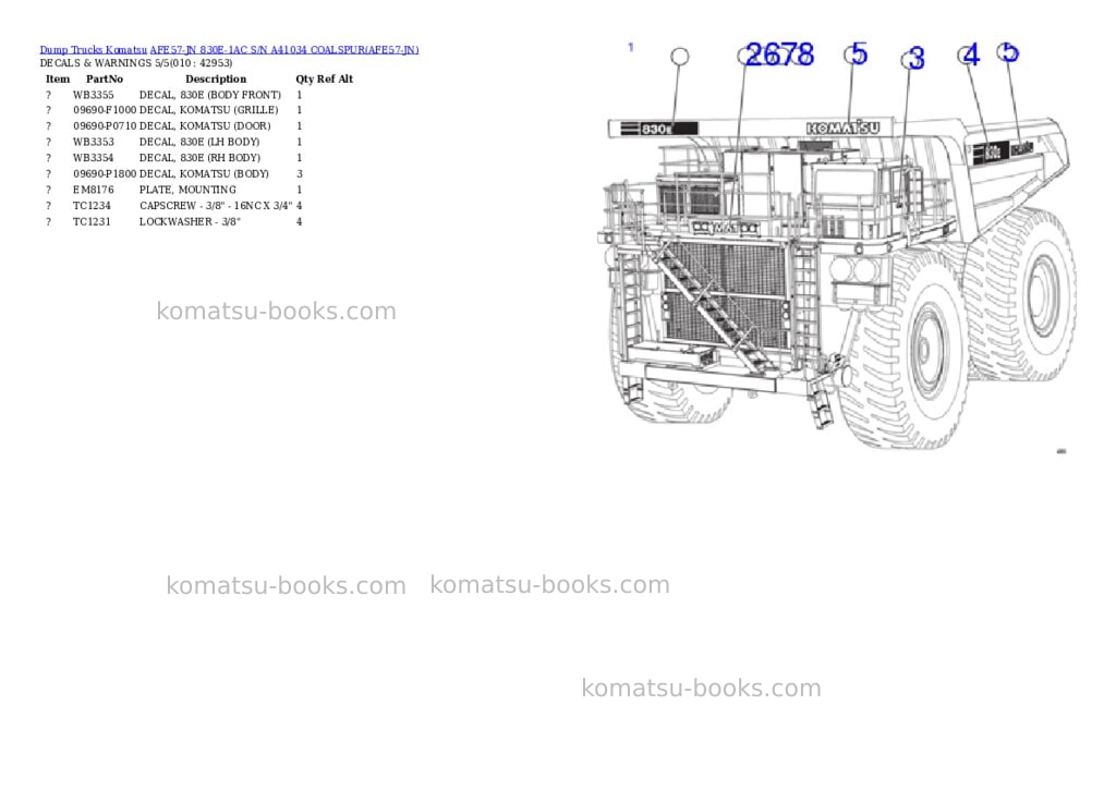Komatsu afe57-jn 830e-1ac s/n a41034 coalspur Parts catalog cover Page 5