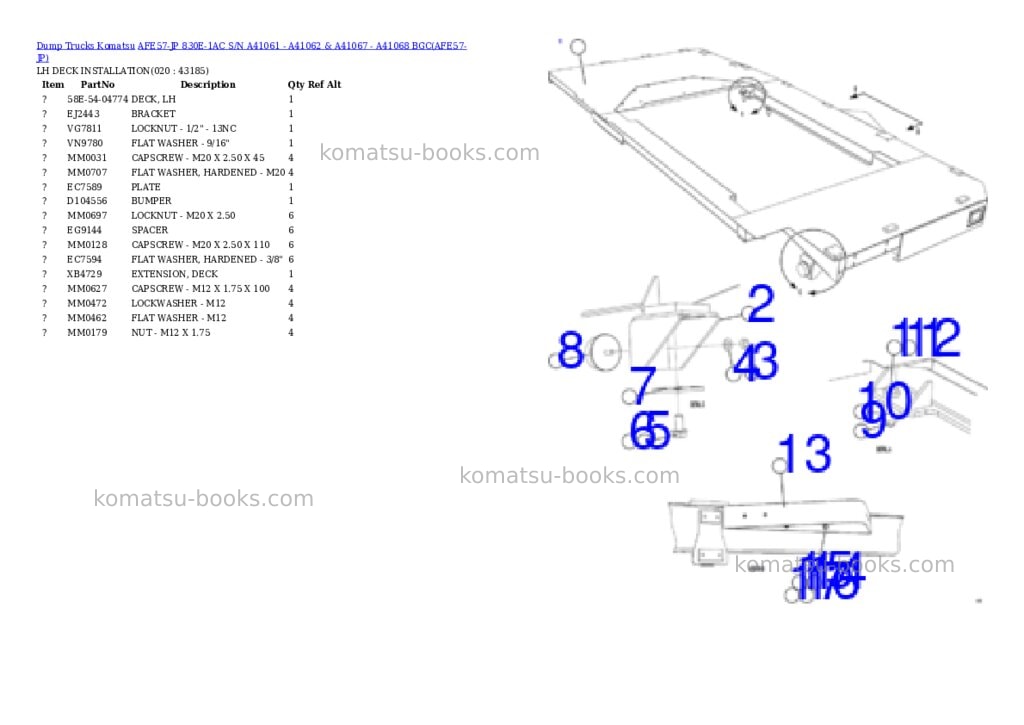 Komatsu afe57-jp 830e-1ac s/n a41061 - a41062 & a41067 - a41068 bgc Parts catalog cover