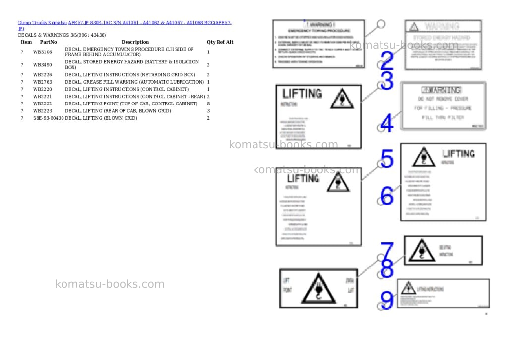 Komatsu afe57-jp 830e-1ac s/n a41061 - a41062 & a41067 - a41068 bgc Parts catalog cover Page 3