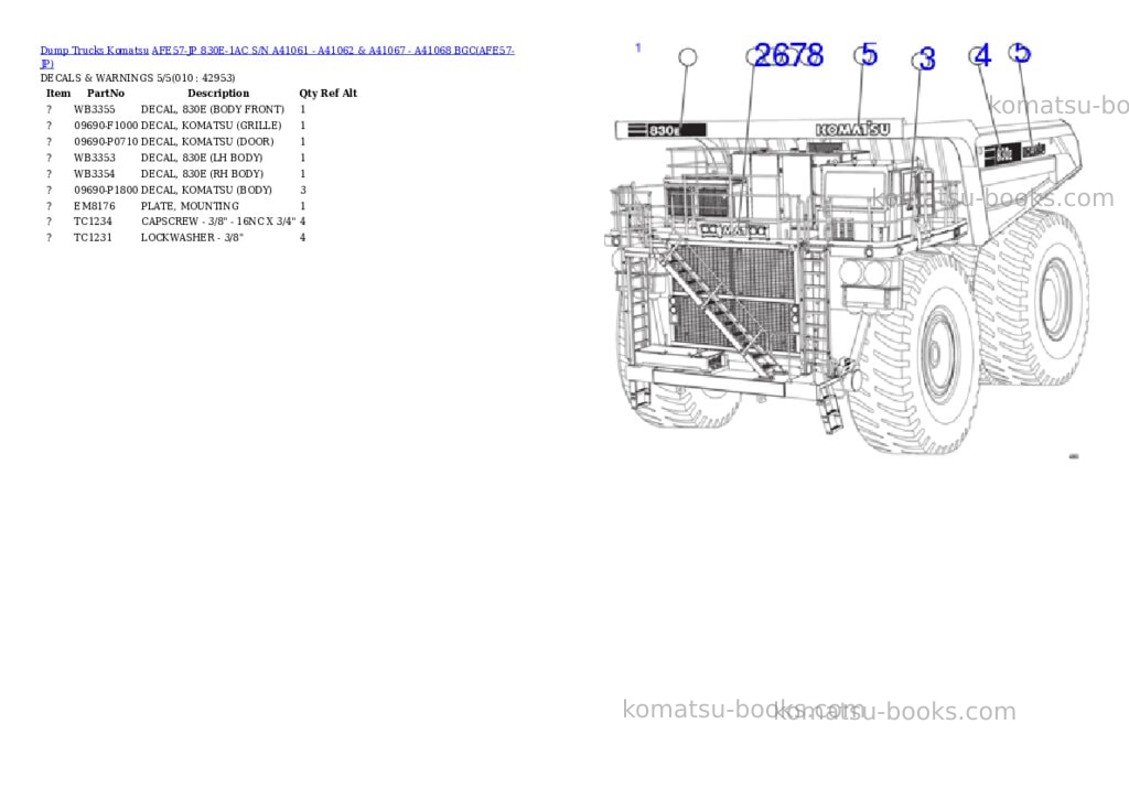 Komatsu afe57-jp 830e-1ac s/n a41061 - a41062 & a41067 - a41068 bgc Parts catalog cover Page 5