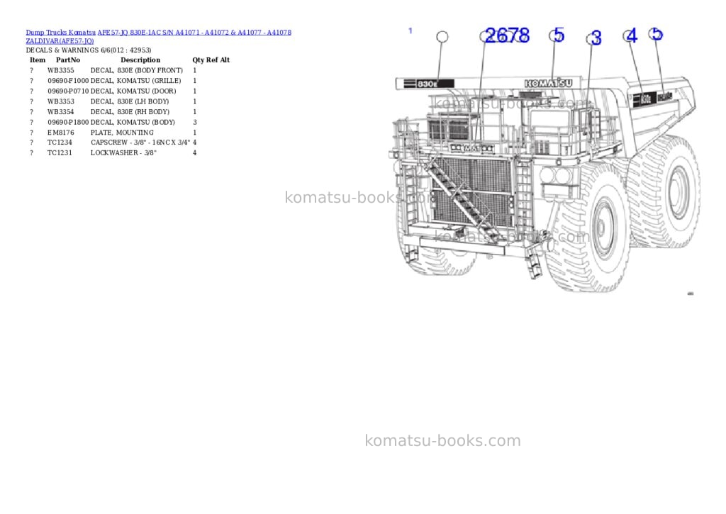 Komatsu afe57-jq 830e-1ac s/n a41071 - a41072 & a41077 - a41078 zaldivar Parts catalog cover Page 6 Komatsu afe57-jq 830e-1ac s/n a41071 - a41072 & a41077 - a41078 zaldivar Parts catalog cover Page 6