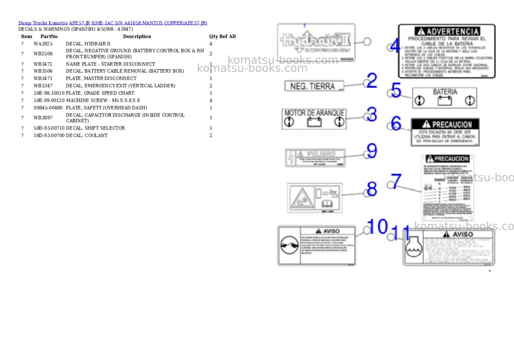 Komatsu afe57-jr 830e-1ac s/n a41058 mantos copper Parts catalog cover Page 4
