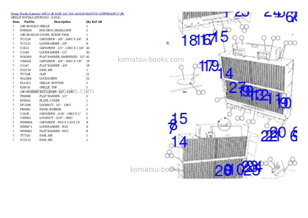 Komatsu afe57-jr 830e-1ac s/n a41058 mantos copper Parts catalog cover Page 6