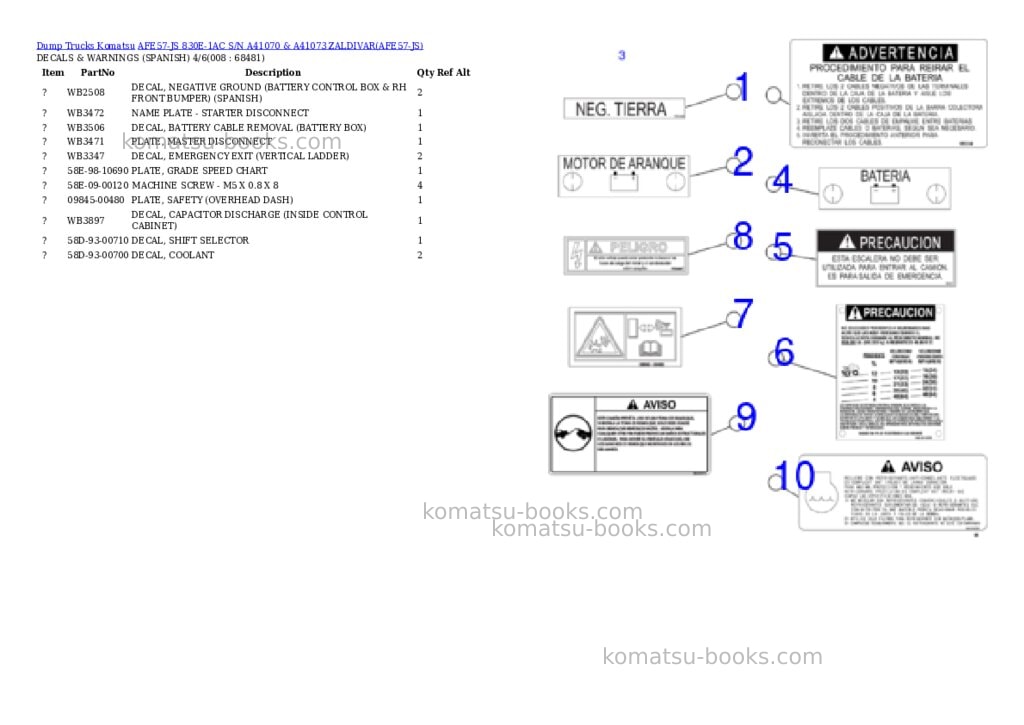 Komatsu afe57-js 830e-1ac s/n a41070 & a41073 zaldivar Parts catalog cover Page 4