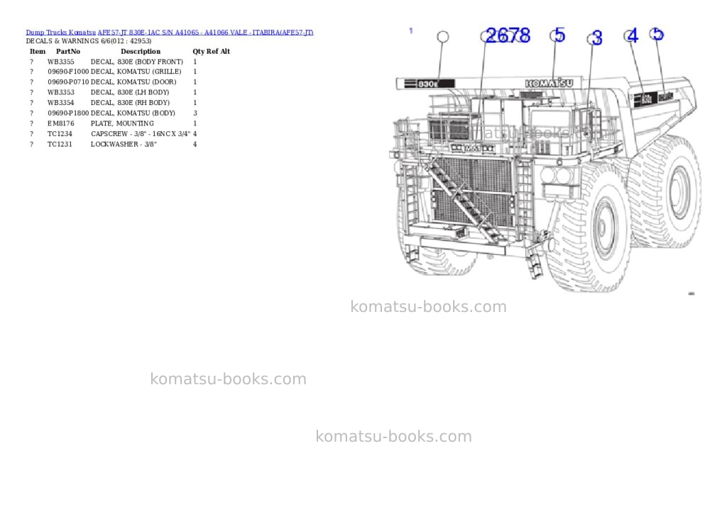 Komatsu AFE57-JT 830E-1AC S/N A41065 - A41066 VALE - ITABIRA Parts catalog cover Page 6 Komatsu AFE57-JT 830E-1AC S/N A41065 - A41066 VALE - ITABIRA Parts catalog cover Page 6