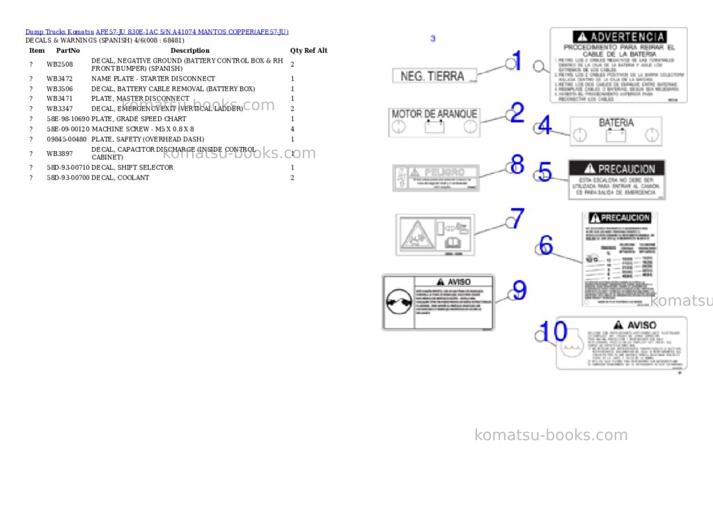 Komatsu afe57-ju 830e-1ac s/n a41074 mantos copper Parts catalog cover Page 4