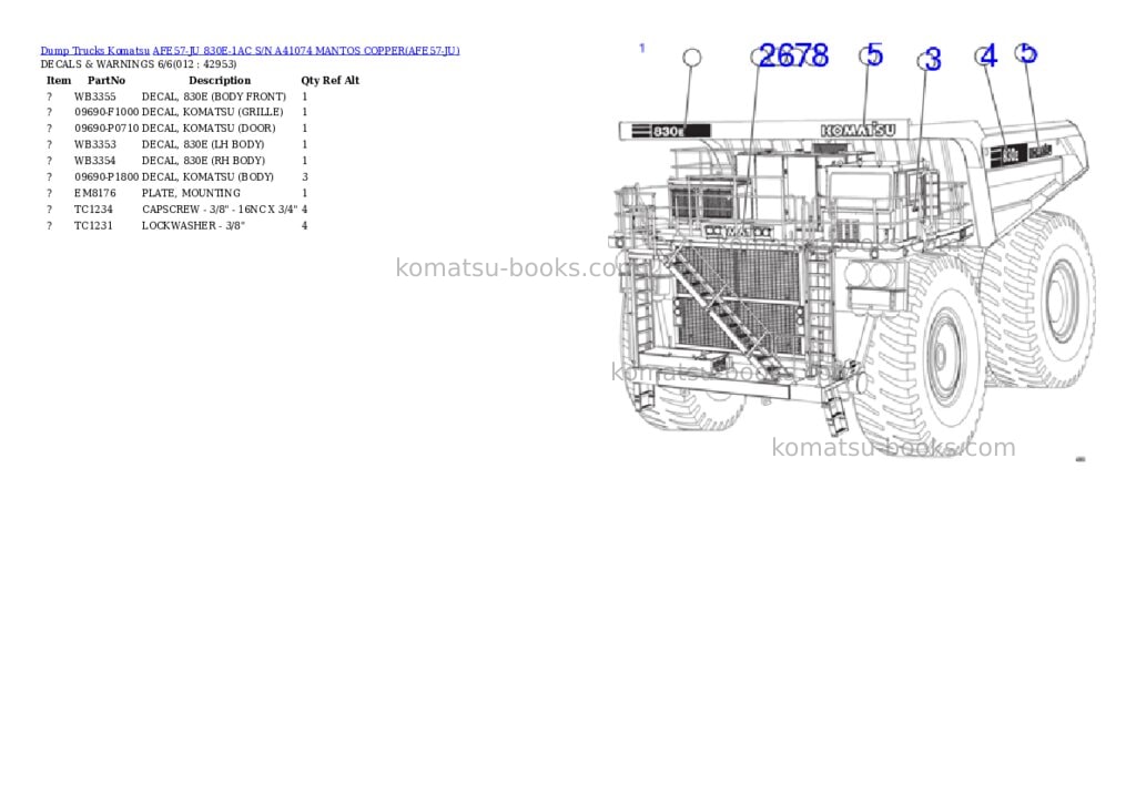 Komatsu afe57-ju 830e-1ac s/n a41074 mantos copper Parts catalog cover Page 6