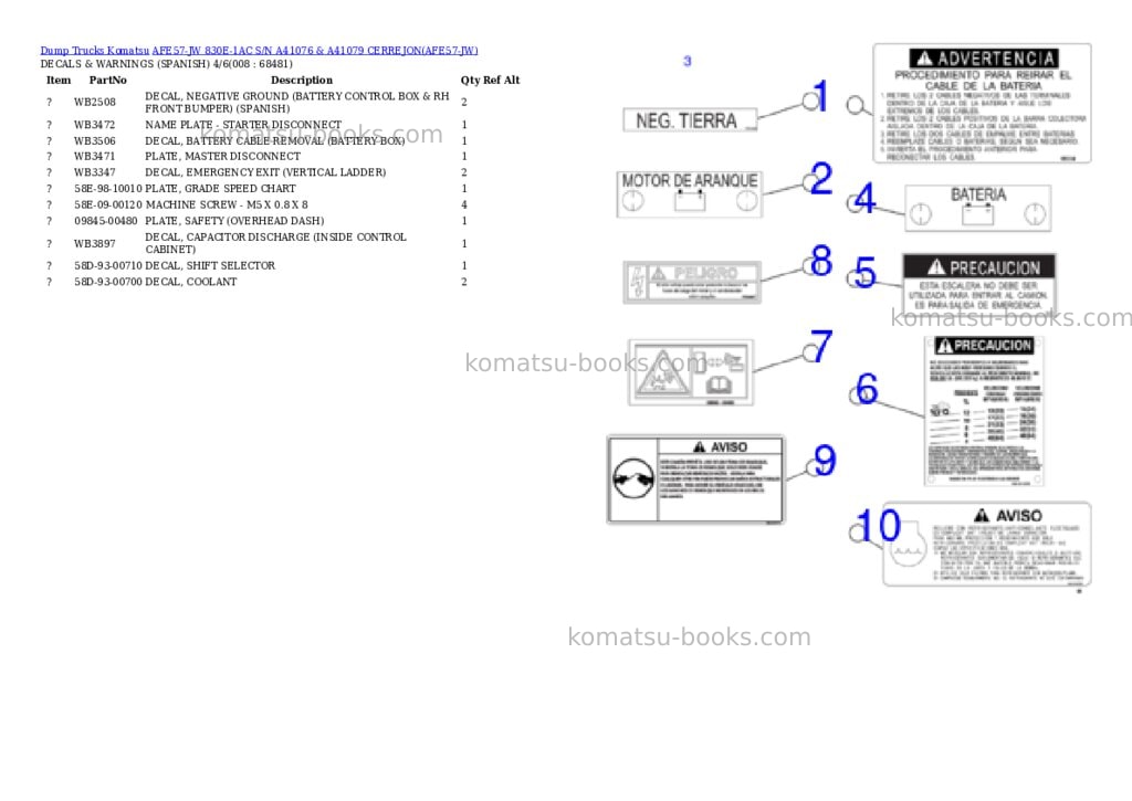 Komatsu AFE57-JW 830E-1AC S/N A41076 & A41079 CERREJON Parts catalog cover Page 4