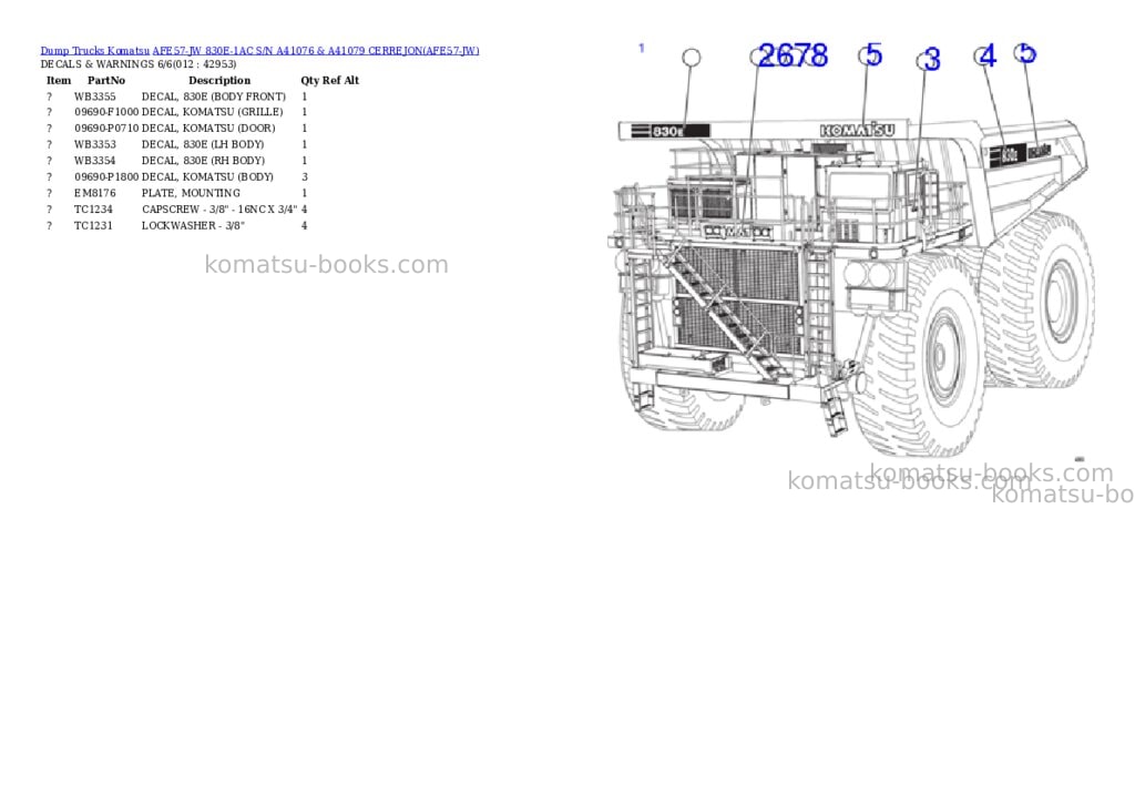 Komatsu AFE57-JW 830E-1AC S/N A41076 & A41079 CERREJON Parts catalog cover Page 6
