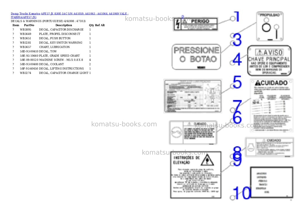 Komatsu AFE57-JX 830E-1AC S/N A41059, A41063 - A41064, A41069 VALE - ITABIRA Parts catalog cover Page 4 Komatsu AFE57-JX 830E-1AC S/N A41059, A41063 - A41064, A41069 VALE - ITABIRA Parts catalog cover Page 4