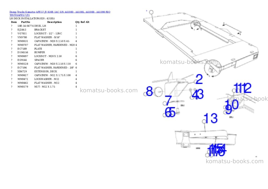 Komatsu AFE57-JY 830E-1AC S/N A41080 - A41085, A41088 - A41090 RIO TINTO Parts catalog cover Page 10 Komatsu AFE57-JY 830E-1AC S/N A41080 - A41085, A41088 - A41090 RIO TINTO Parts catalog cover Page 10