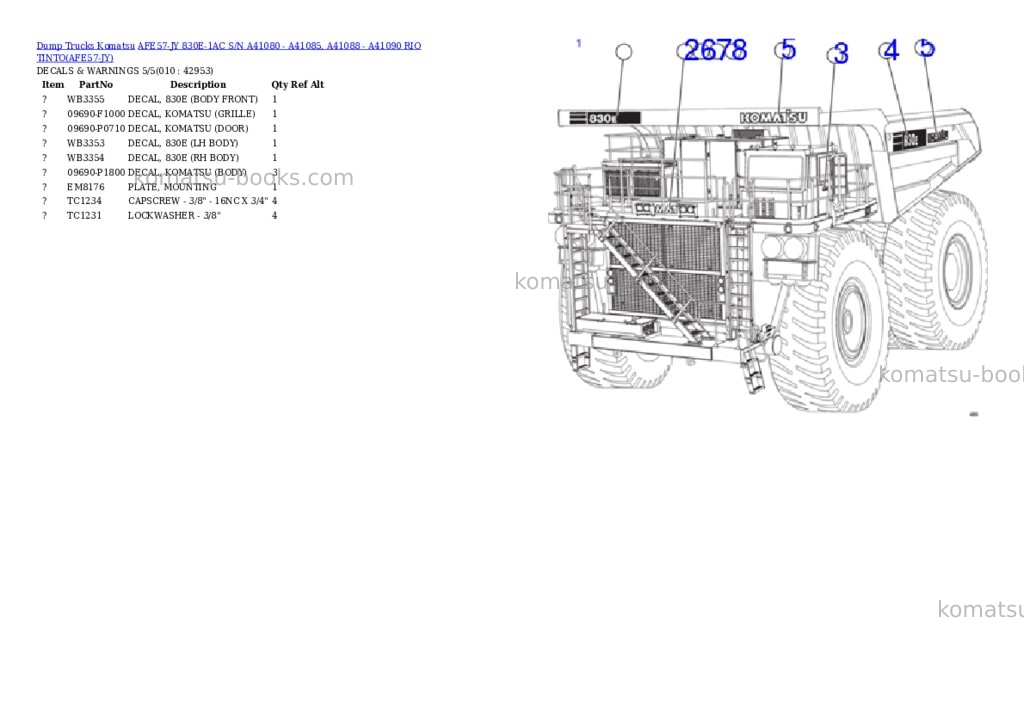 Komatsu AFE57-JY 830E-1AC S/N A41080 - A41085, A41088 - A41090 RIO TINTO Parts catalog cover Page 5 Komatsu AFE57-JY 830E-1AC S/N A41080 - A41085, A41088 - A41090 RIO TINTO Parts catalog cover Page 5