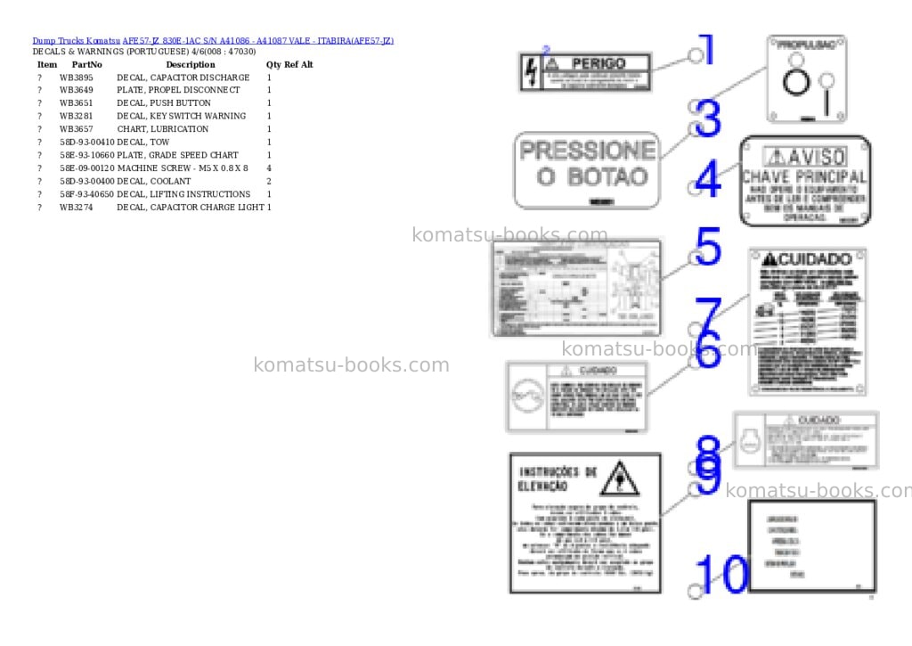 Komatsu AFE57-JZ 830E-1AC S/N A41086 - A41087 VALE - ITABIRA Parts catalog cover Page 4 Komatsu AFE57-JZ 830E-1AC S/N A41086 - A41087 VALE - ITABIRA Parts catalog cover Page 4
